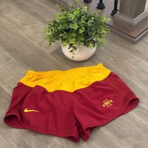 Nike Women's Maroon and Gold Athletic Shorts with Iowa State Logo